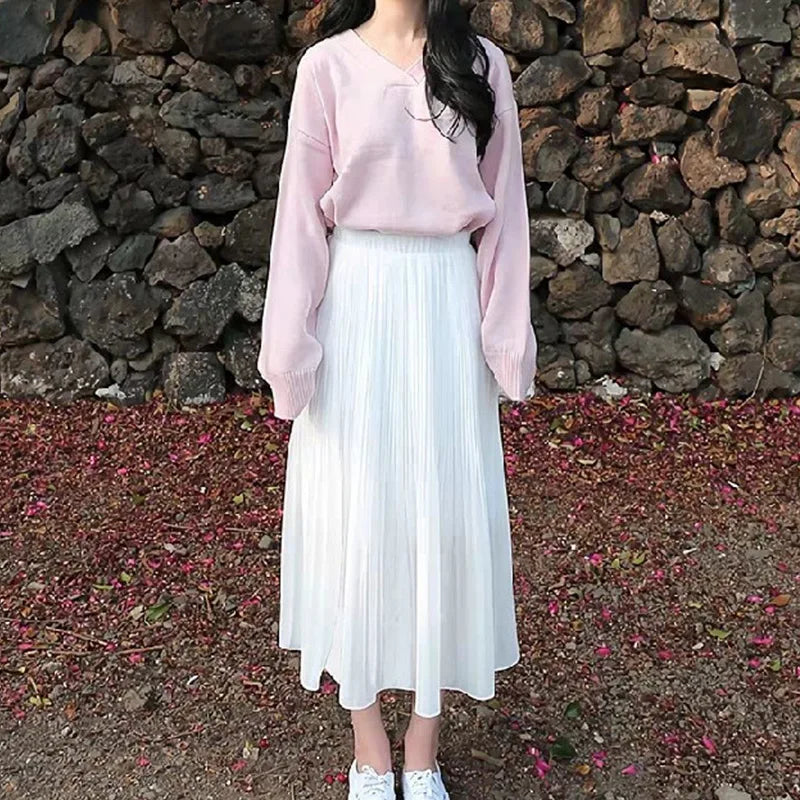 High Waist Elastic Pleated Skirt for Women Spring Summer Chiffon Skirts Vintage Patchwork White Black Long A-Line Skirt