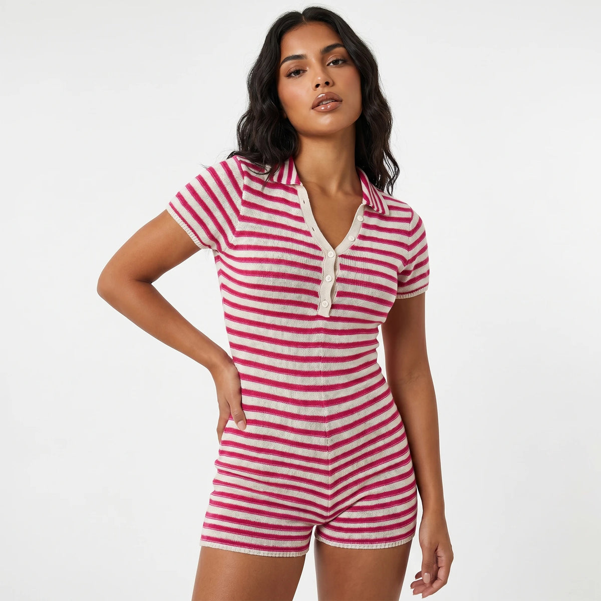 Women Summer Romper Short Sleeve Buttons Turn Down Collar Bodycon Jumpsuits Casual Daily Fashion Knit Striped Playsuits