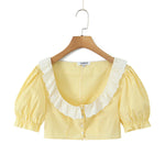 Foridol Gingham Printed Yellow Women Summer Dress Set Lace Top+skirt Sets Vintage French Style Midi Dress Oufits Plaid Vestidos