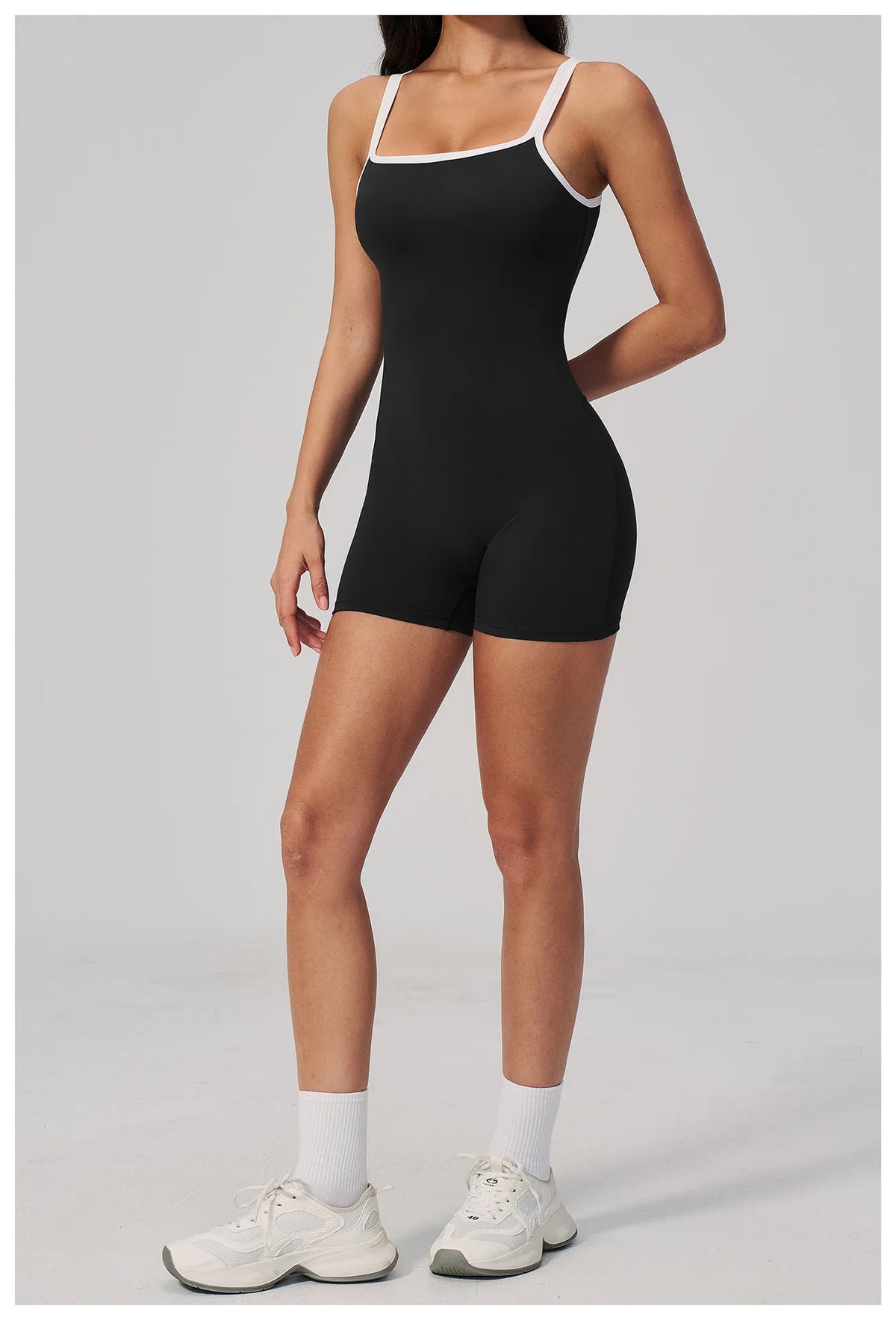 Tight Fitting One-piece Yoga Suit Women Color Bloack Square Collar Hollow Out Backless Butt-Lifting Gym Sports Short Jumpsuit