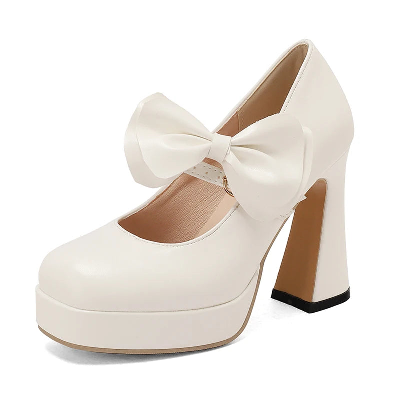 Plus Size Women's Bow Mary Janes Platform Chunky Heels Ankle Strap High Heel Pumps Sweet Lolita Party Dress Shoes