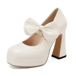 Plus Size Women's Bow Mary Janes Platform Chunky Heels Ankle Strap High Heel Pumps Sweet Lolita Party Dress Shoes