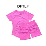 DFTLFWomen 2PCS Seamless Yoga Suit Short Sleeve Top High Waist Shorts Quick Dry Breathable Gym Fitness Running Workout Sport