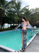 Korean Swimsuit 2025 Women Sexy Black Tie Dye Long Sleeve Cover UpLong Skirt 4 Piece Bikini Set Bathing Suit Vacation Swimwear