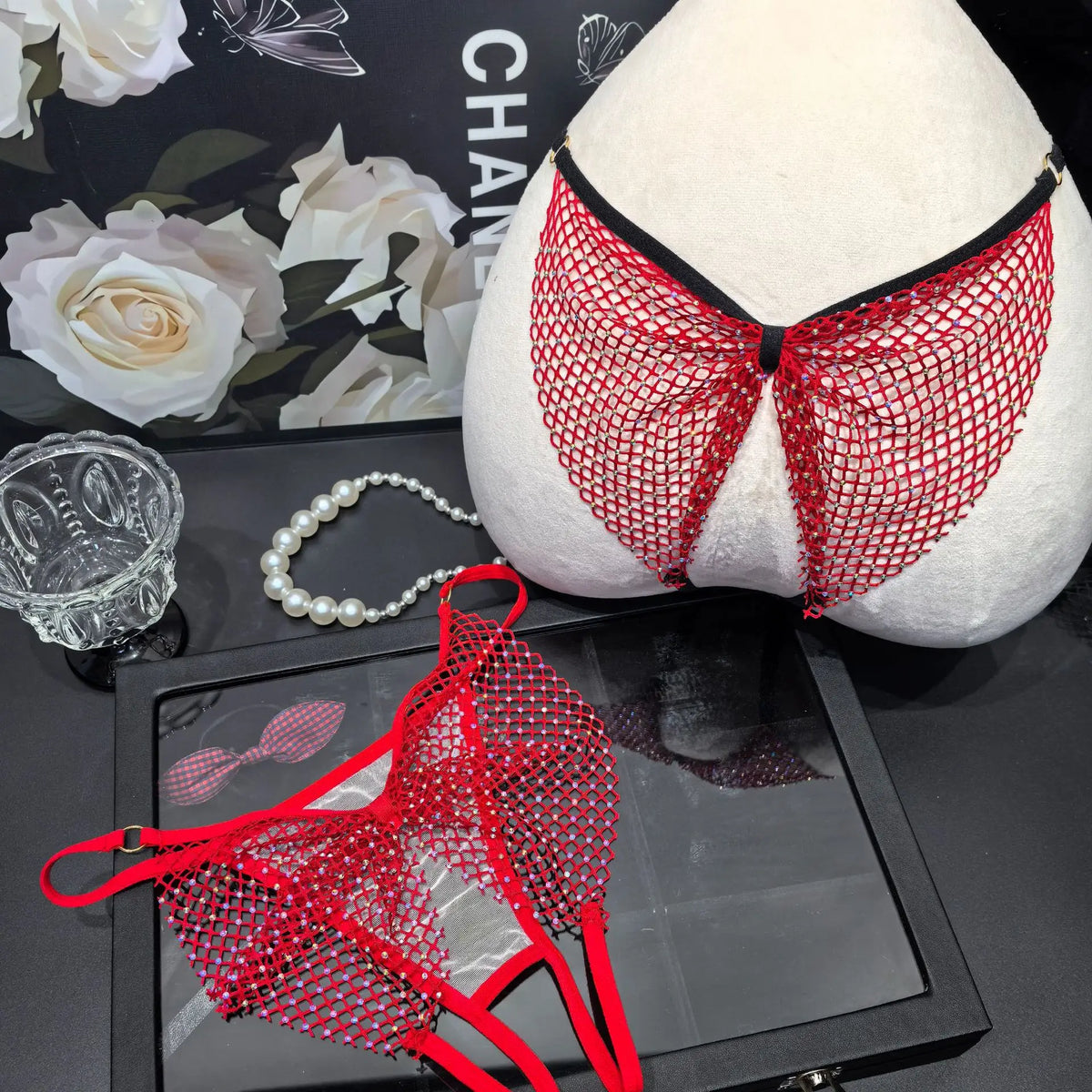 Rhinestone Sex Underwear Fishnet Crotchless Open T Pants Couple Panties Lace Women G String Hot Erotic Briefs Thong Intimates