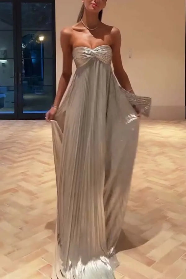 Gold Hot Tube Top Party Dresses Women Solid Color Sexy Hot Girls Fold Banquet Slit Evening Dress Female Streetwear Long Vestidos