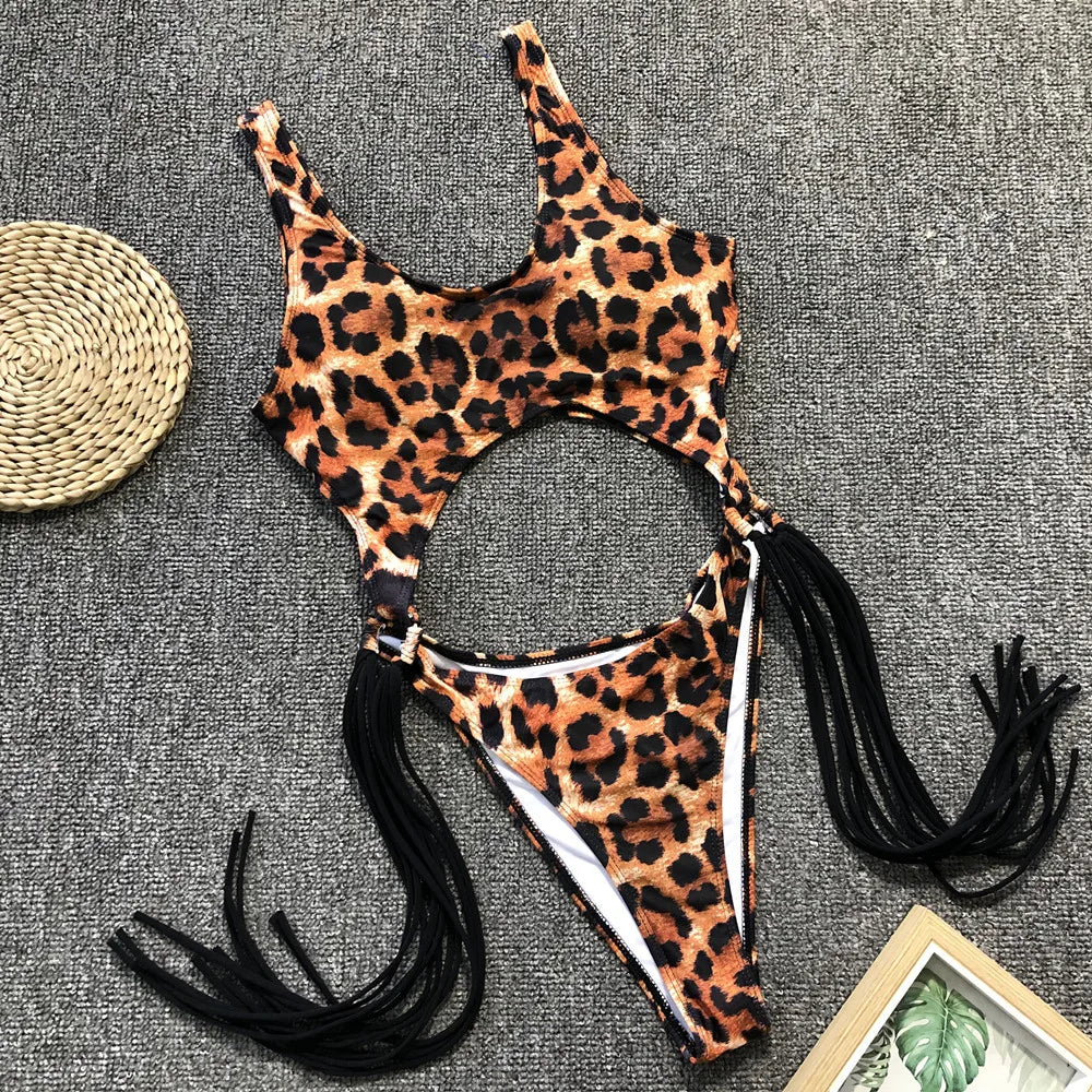 DEKA Long Tassel One Piece Swimwear Hollow Out Women Backless Swimming Suit Cut Out Halter Cross Swimsuit Female Beachwe Bathing