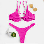 Sexy Underwire Bikini 2024 Mujer Women Solid Red Push Up Bra Thong Swimsuit Halter V Neck Bathing Suit Mini Micro Thong Swimwear