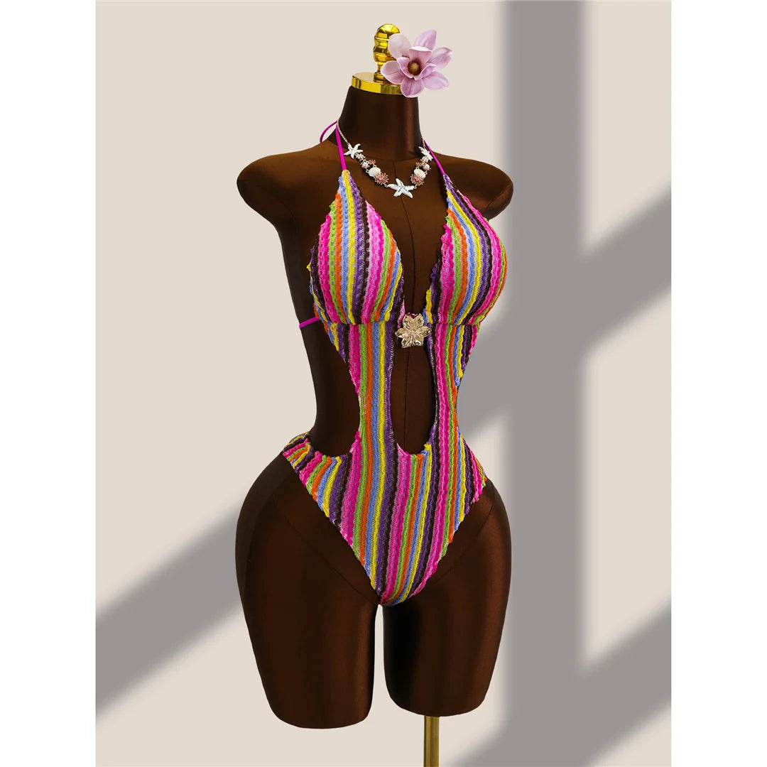 Striped Colorful Halter Cut Out One Piece Swimsuit Women Swimwear Female Monokini High Leg Cut Bather Bathing Suit Swim V8304