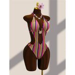 Striped Colorful Halter Cut Out One Piece Swimsuit Women Swimwear Female Monokini High Leg Cut Bather Bathing Suit Swim V8304