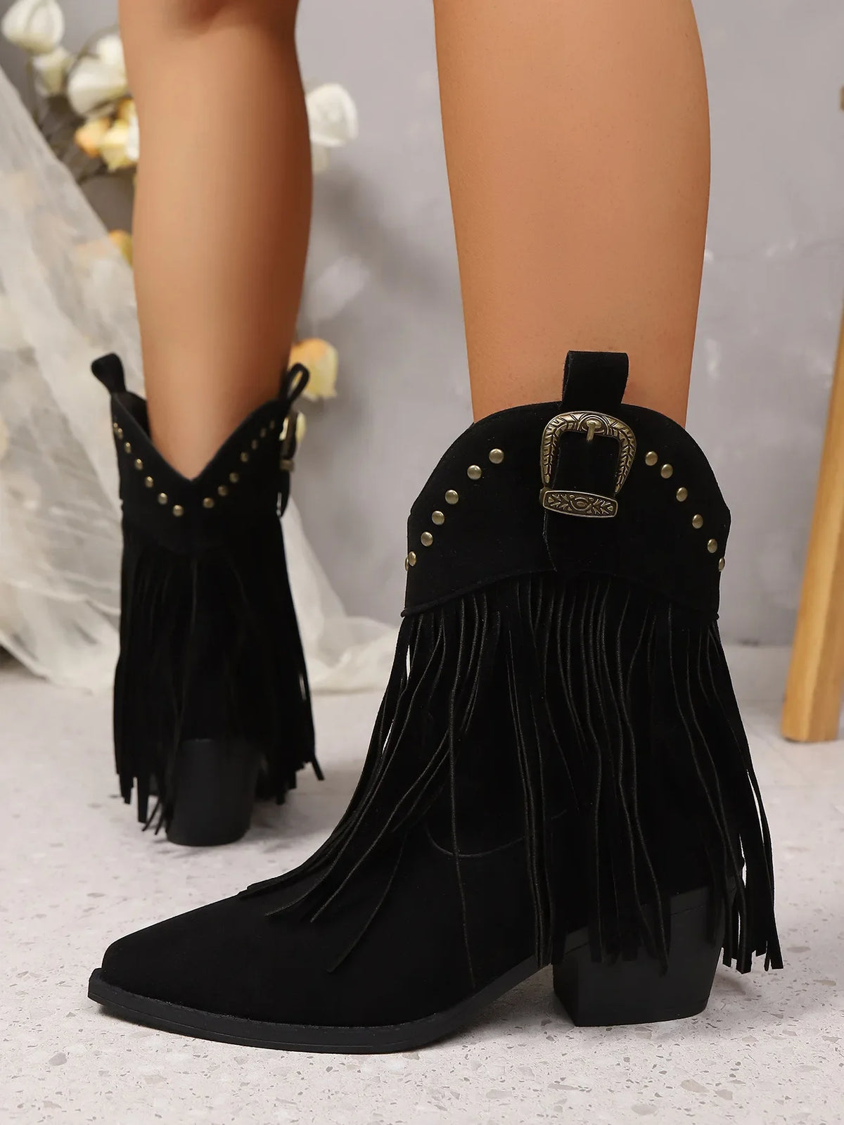 Women Ankle Boots AutumnSuede Chelsea Boots Pointed Toe Tassel High Heel Shoe Rivet Fashion Retro Cowboy Boots Botas Mujer