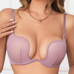 Purple deep V gather top bra women's big bust show small soft underwire bra sexy mesh bra