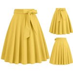 Women Skirt A-line Big Swing Belted Tight Waist Bow Decor Solid Color High Waist Soft Ruffle Summer Dating Party Midi Skirt