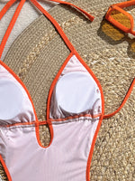 New Sexy Orange Stripe One Piece Swimsuit 2026 Women V Neck Hollow Out Backless Thong Bikini Beach Holiday Bathing Suit Swimwear