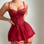 Lace Sheer Bra Corset Patchwork Nightgown And Thong 2-Piece Set Mesh Open-back Sensual Floral-embroidered Lingerie Nightdress