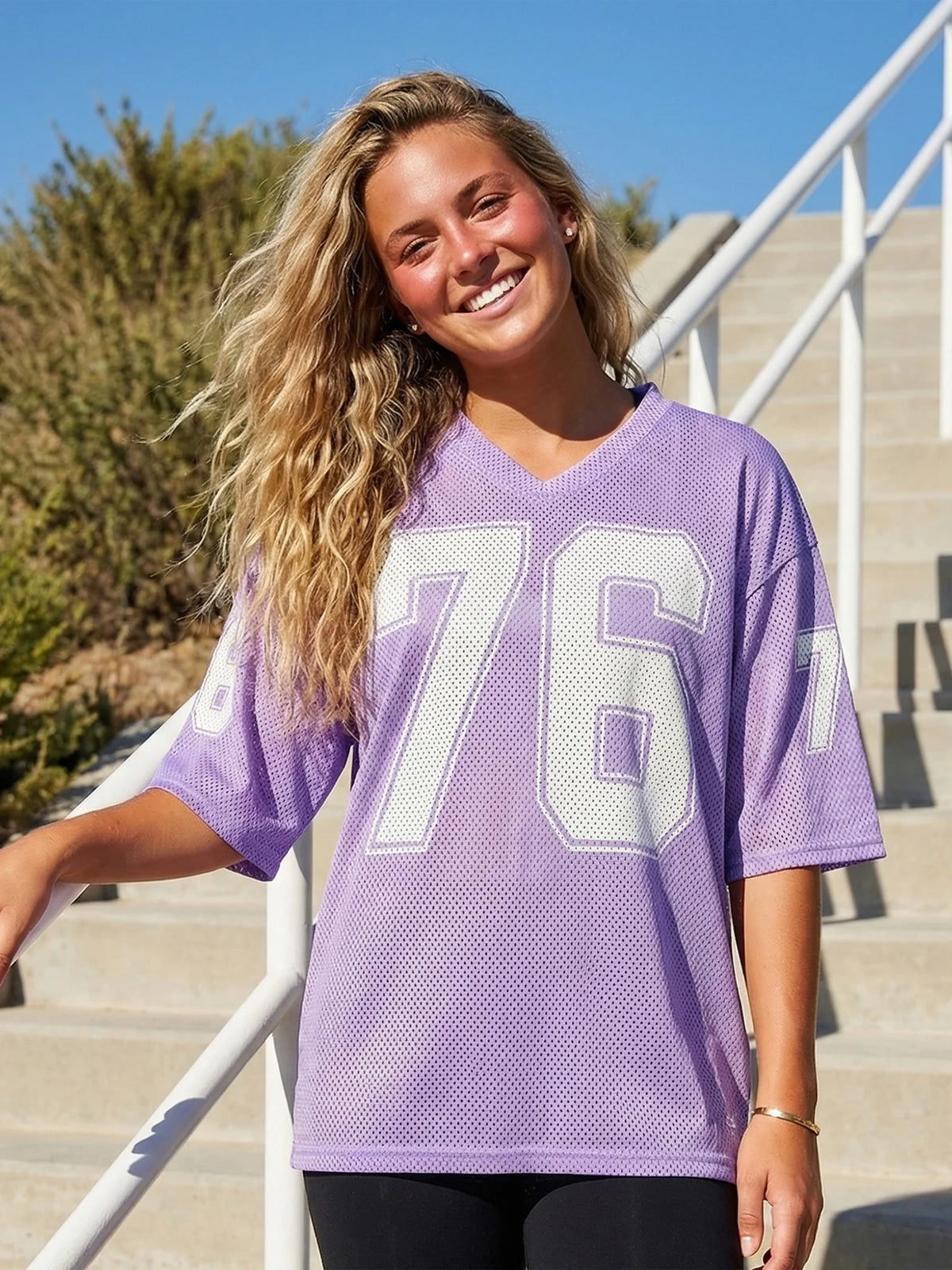 Womens Sporty Jersey Shirts Graphic Number Print Short Sleeve V Neck Loose Fit Tee Tops Summer Casual T-shirt Streetwear