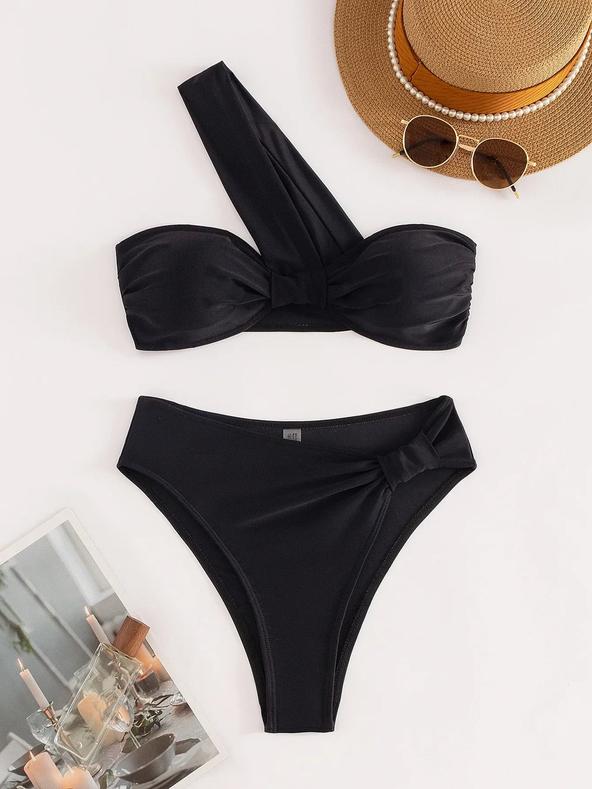 Sexy One Shoulder Bikinis Sets 2024 Women Black Push Up Pleate High Waist Swimsuit Beach Bathing Suit 2 Piece Swimwear Biquini