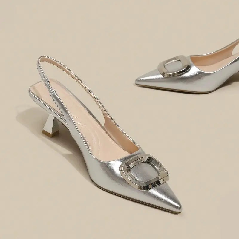 Brand Woman Slingback Shoes FashionSpring New Ladies High Heels Elegant Med Heel Pointed Toe Slip on Sandal Mules