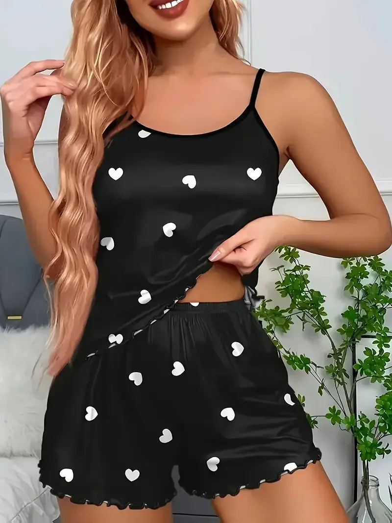 Summer Sleepwear Women's Two-Piece Pajama Sets Suspender Heart Printed Top and Shorts Casual Home Clothes Loungewear