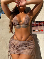 2026 Summer New Sexy Hollow Out Bikini 3 Piece Set Solid Spaghetti Strap Tops + Laced Upunderpants + Skirt Swimwear Swimsuit
