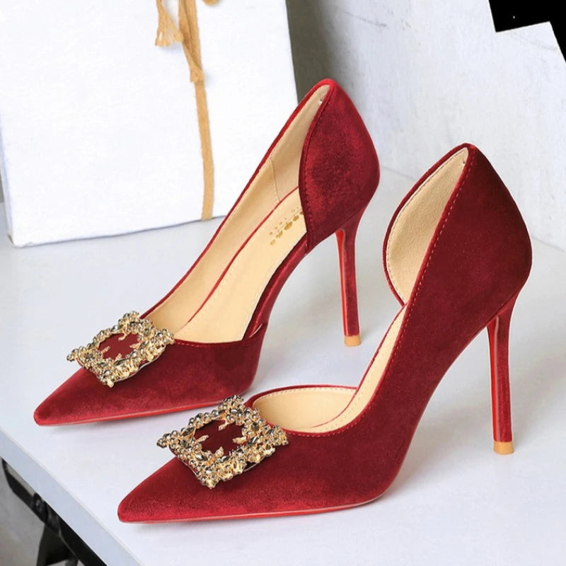 Women 10cm Super High Heels Pointed Toe Side Hollow Work Pumps Metal Crystal Buckle Velvet Stiletto Fashion Banquet Lady Shoes