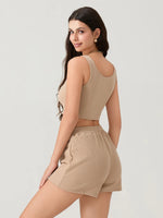 Women 2 Piece Sets Summer Fitness Short Sets Sleeveless Square Neck Crop Vest + Loose Shorts Casual Tracksuits