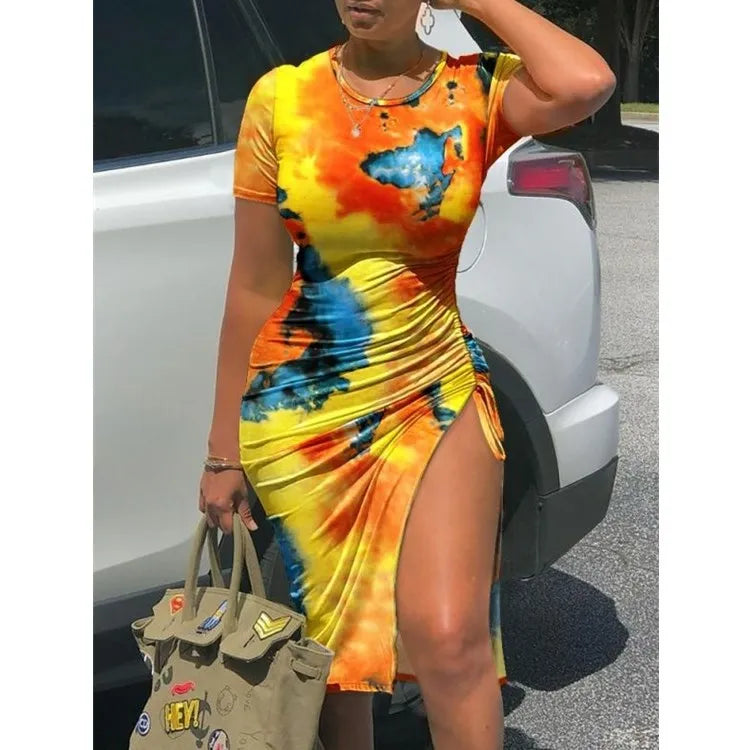 Trendy Printed Slim Midi Dresses Women Fashion Package Hip Bodycon Short Sleeves Drawstring Slit Dress Casual Ladies Streetwear