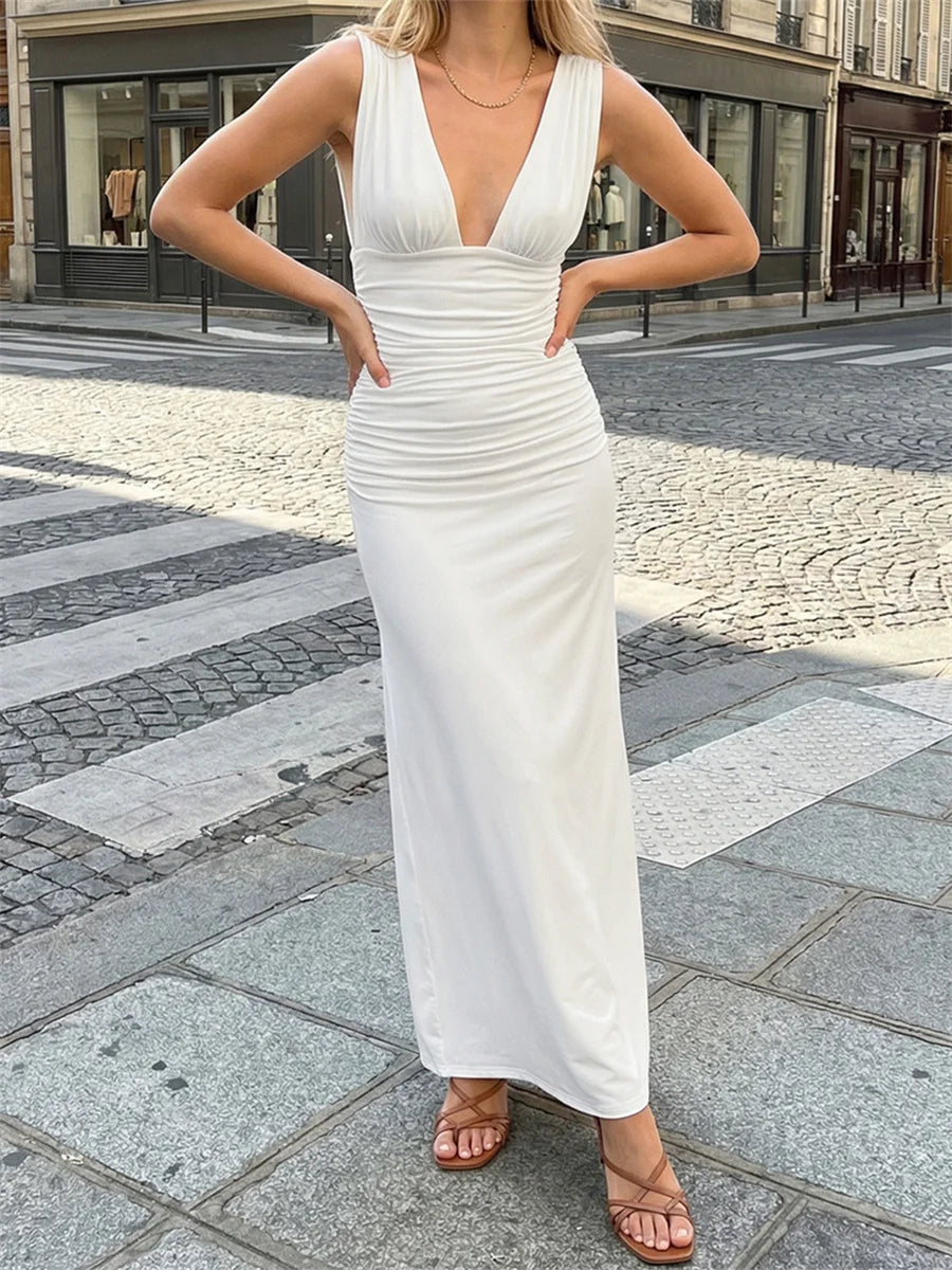 2026 Summer Women's Sleeveless Dress Deep V Neck Bodycon Long Tank Dress Party Evening Elegant Dresses for Date Daily