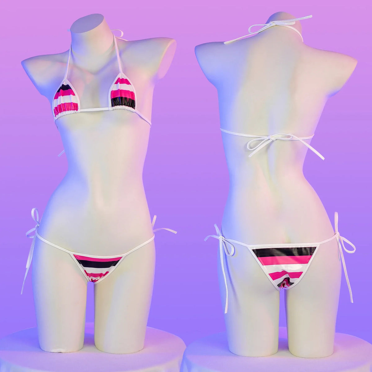 Summer PU Leather Micro Bra Bikini Set Swimsuit Stripes Bright Anime Swimwear Women Erotic Underwear Sexy Lingerie Costume