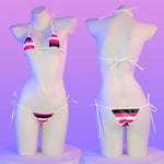 Summer PU Leather Micro Bra Bikini Set Swimsuit Stripes Bright Anime Swimwear Women Erotic Underwear Sexy Lingerie Costume