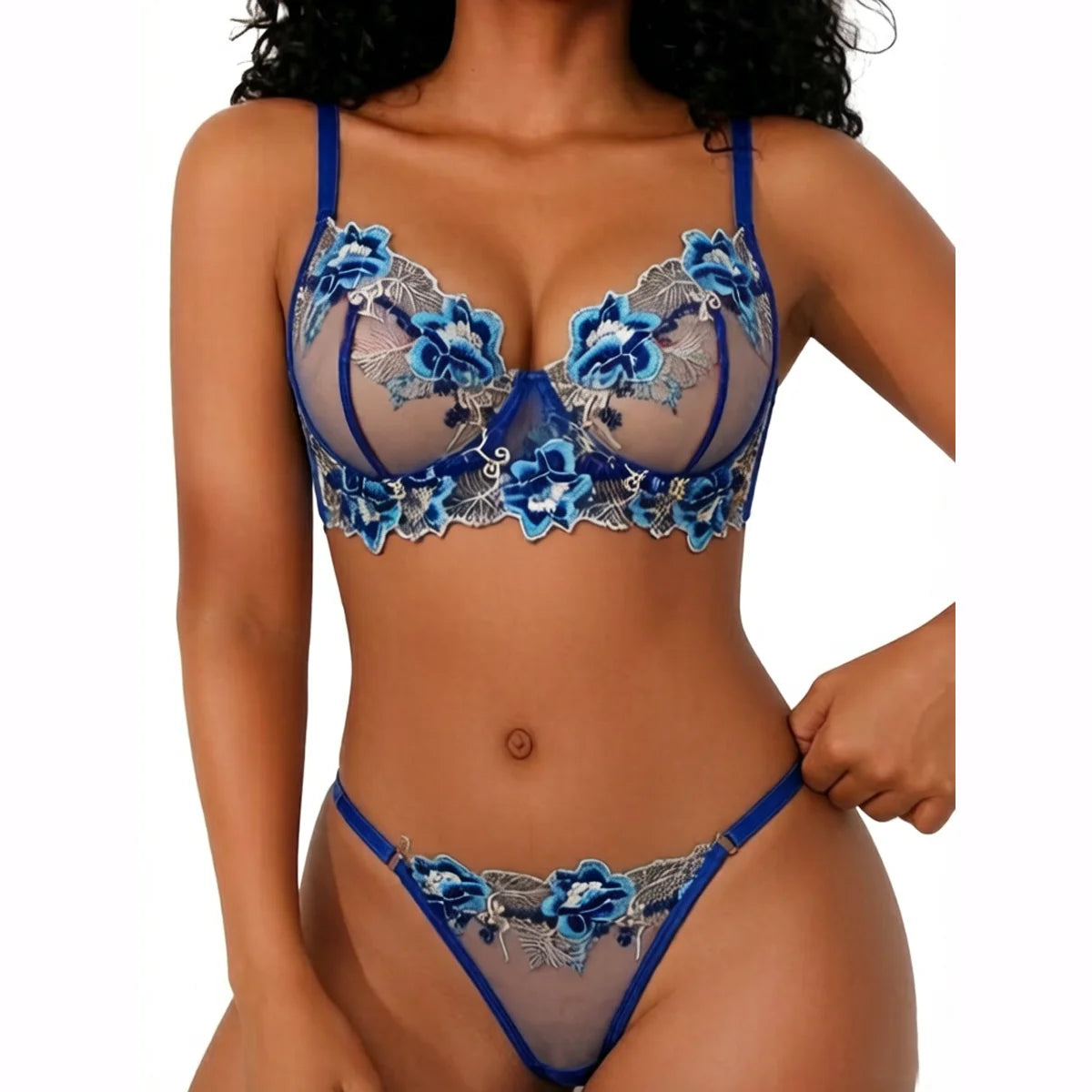 Luxury-Style Blue Floral Embroidery Underwear Set-See-through Mesh Half-CupBra-French Elegant and Sexy Women Underwear ZA825146
