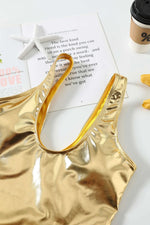 Sexy Gold Leather Swimsuit 2026 Women Shiny Padded Beach One Piece Swimwear Summer Bathing Suit Slim Tummy Control Monokini