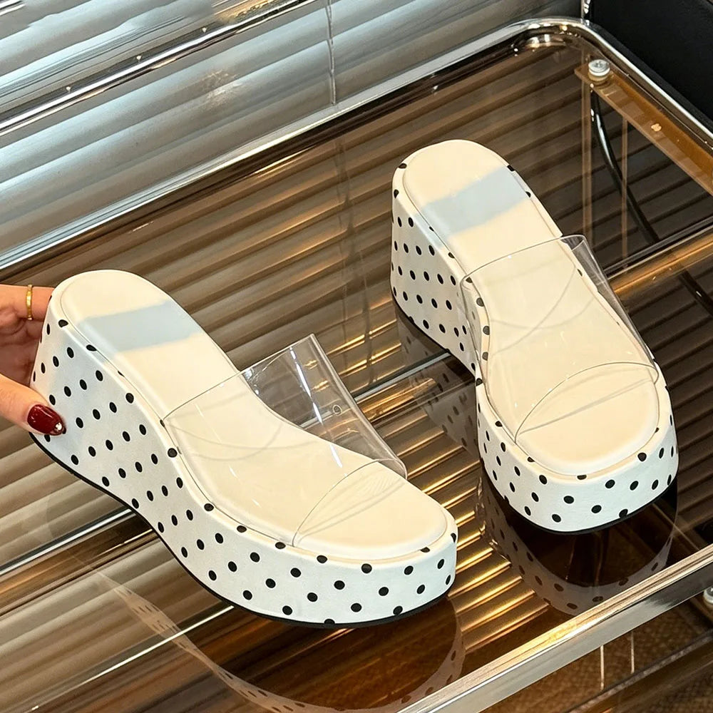 Transparent PVC Wedge Slide Mules Shoes Women Vintage Slip On Platform 7.5CM High Heel Leopard Print Polka Dot Summer Sandals