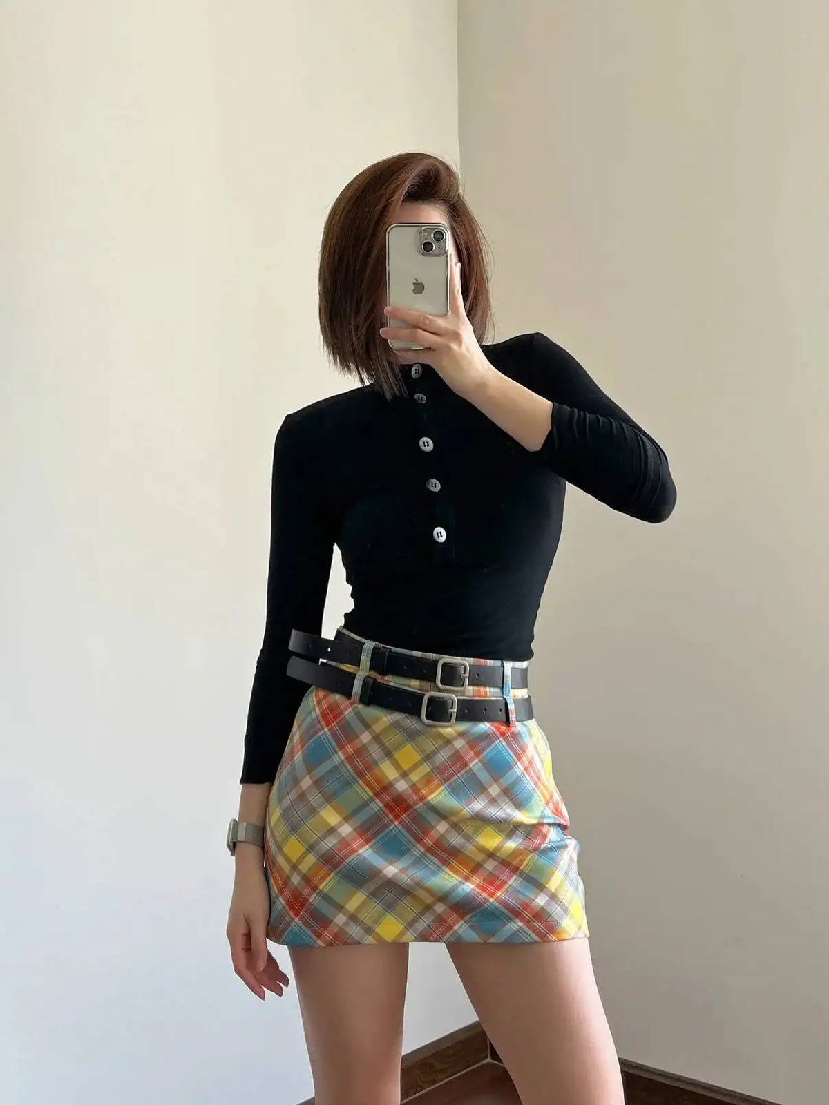 Plaid Double Waistband A-line Short SkirtWomen American Style Street High Waist Casual Collision Color Wrap Hip Skirt OJR7