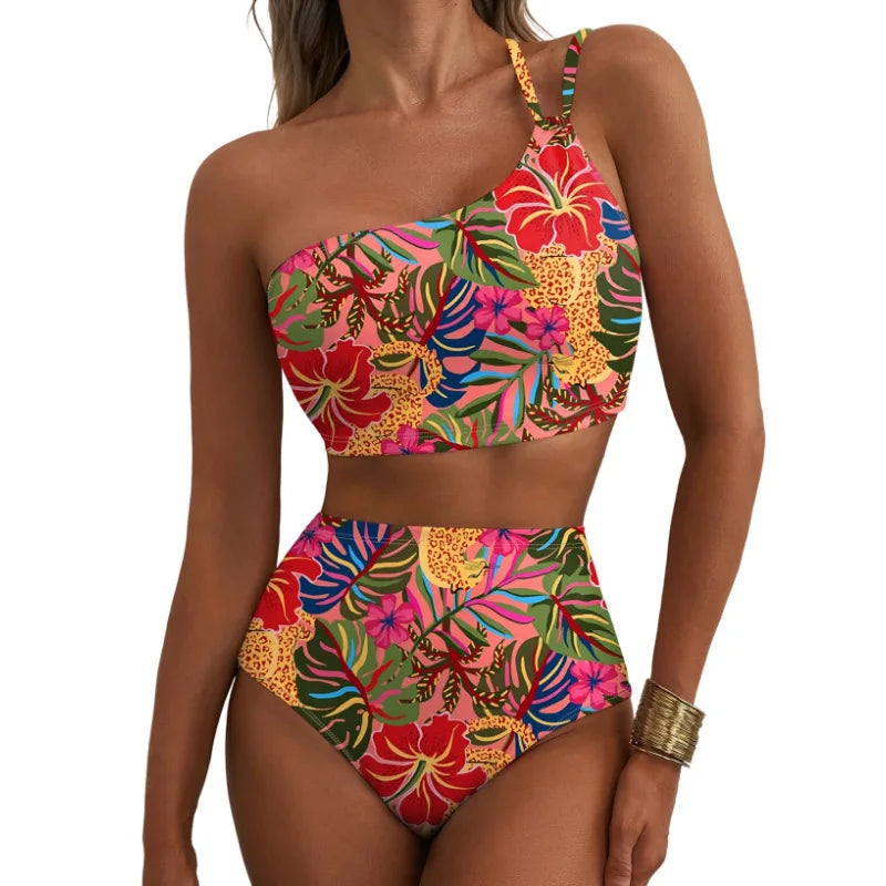 Women Sexy High Waist Split Swimsuit Lace Up Floral Bikini Set Summer Two-piece Beachwear Bathing Suit Thong Biquinis