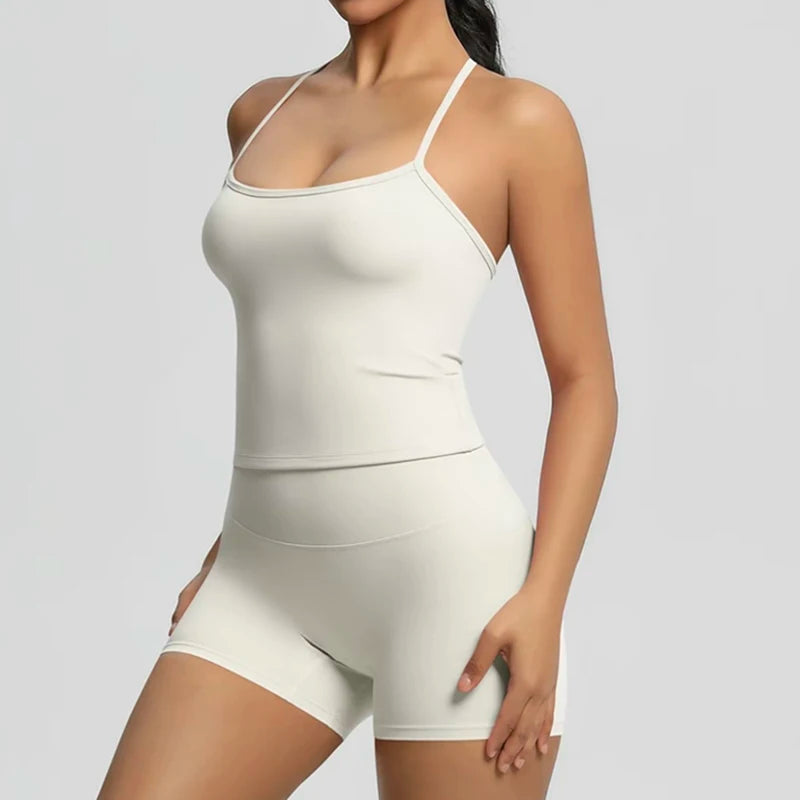 Women's Slim Shoulder Yoga Vest High Waisted Waist Hugging Naked Yoga Three Part Shorts Exercise Set Popular Fitness Clothing