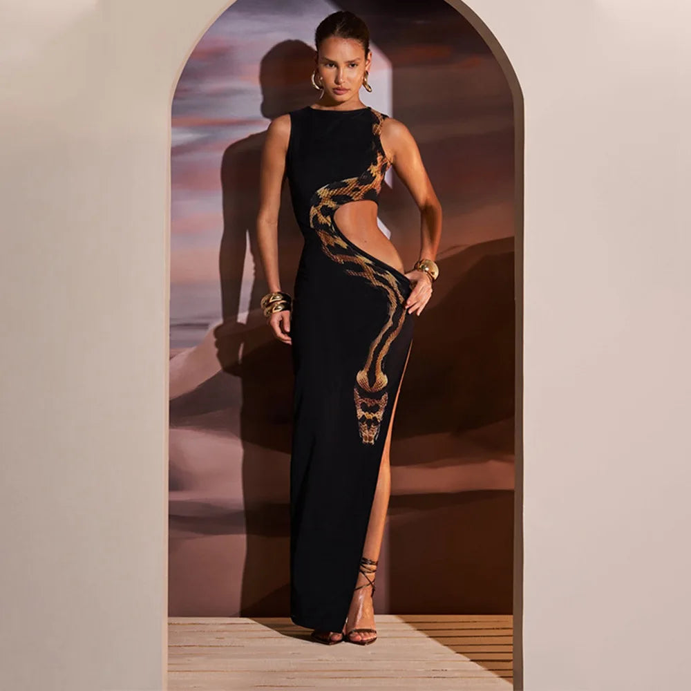 Snake Print Cut Out Slim Long Dress Women Fashion Sexy Package Hip Bodycon Slit Sleeveless Dresses Club Party Vestidos 2025 New