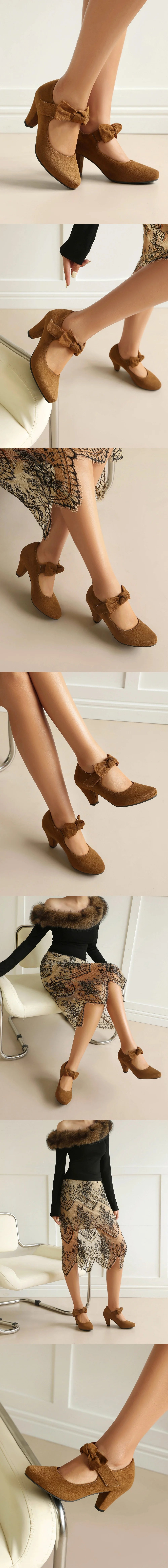 2026 Plus Size 45 Vintage Bowknot Bow Mary Jane Shoes Women 7cm High Heeled Retro Suede Look Brown Lolita Block Heel Pumps