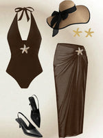 Vintage Black White Long Skirt Swimwear Sets Women Deep V Neck Starfish Hollow Out Bathing Suit Holiday One Piece Swimsuit 2026