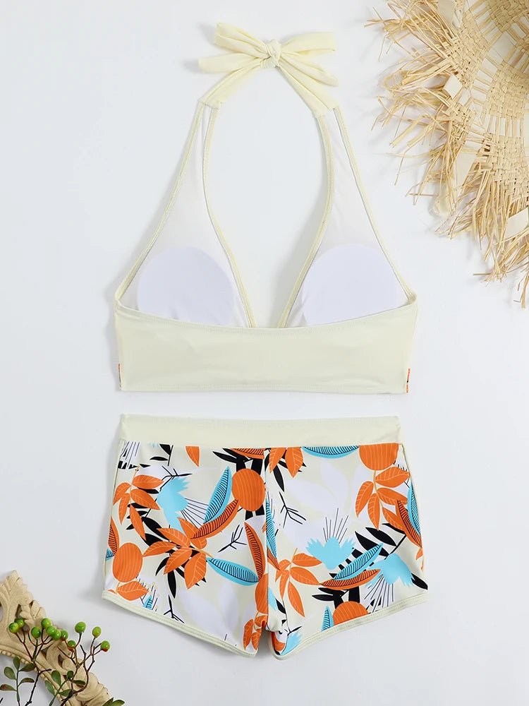 2026 Halter Bikini Set Short Swimsuit Women High Waist Swimwear Female Printed Bathers Swimming Bathing Swim Suit Beachwear