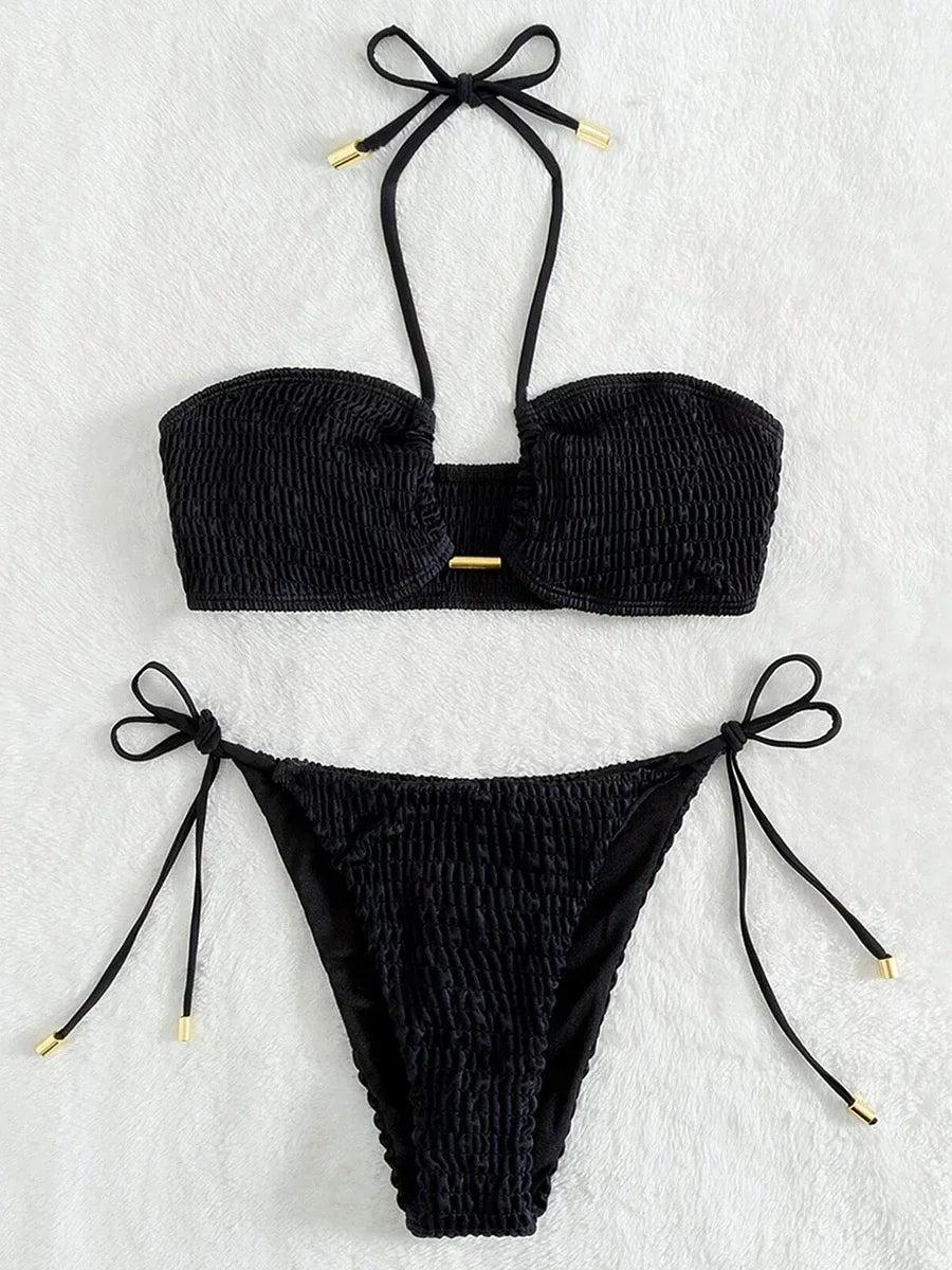 Halter Tie Side Pleated Smocked Bikini Women Bandeau Swimsuit Female Swimwear Two Pieces Bikini Set Bathing Suit Swim Beach Wear
