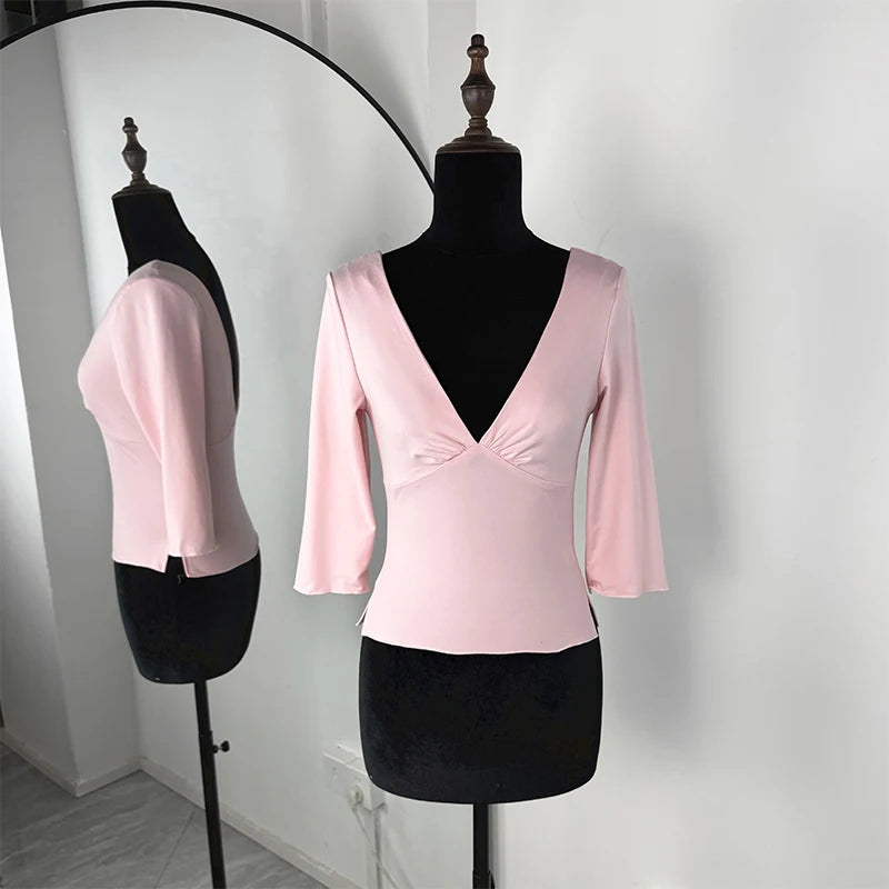 Trendix V Neck Slim Long Sleeve Tops Women 2026 Spring Casual Vintage Bodycon Pullover Top Party Retro Office Basic Backless Top