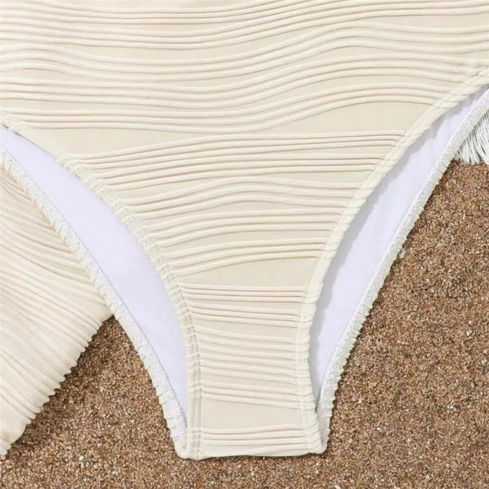 Beige Texture Solid Swimwears 3 Piece Bikini Set Cover Ups U Shapped Sexy Swimsuit Women 2026 Bathing Suit High Waist Bikinis
