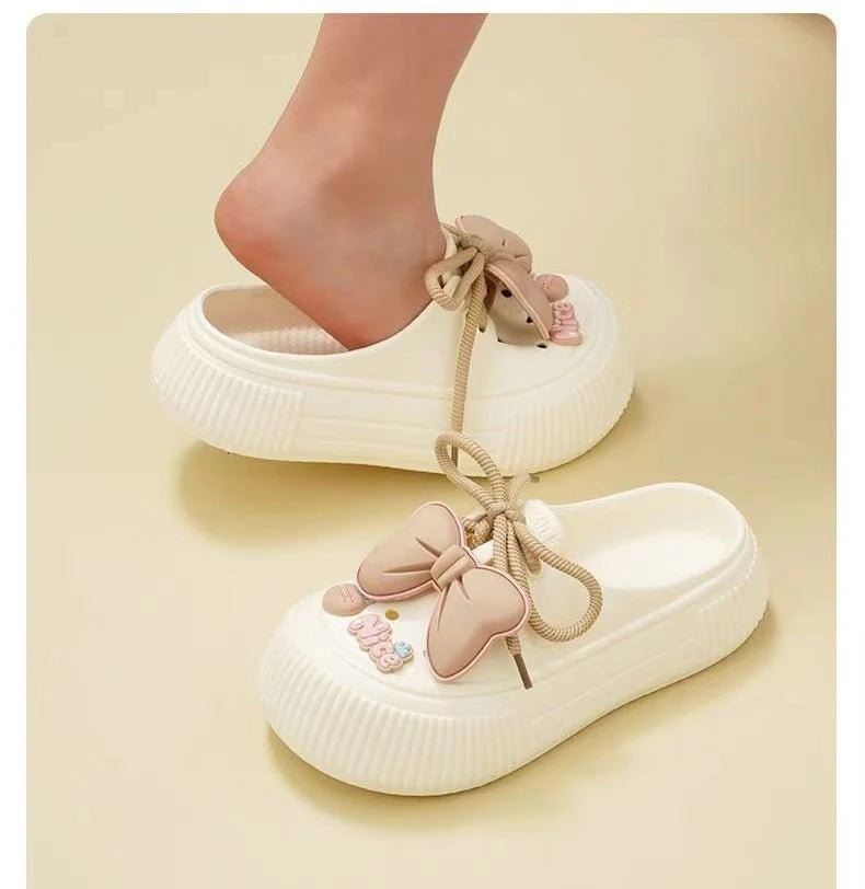 2025 New Slippers DIY Bow Platform Sandals for Women Summer Thick Sole Beach Slides Woman Flowers Non Slip Clogs Garden Shoes
