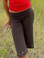 Women Capris Pants Summer Elastic Waist Solid Color Eyelets Casual Short Trousers Streetwear for Daily
