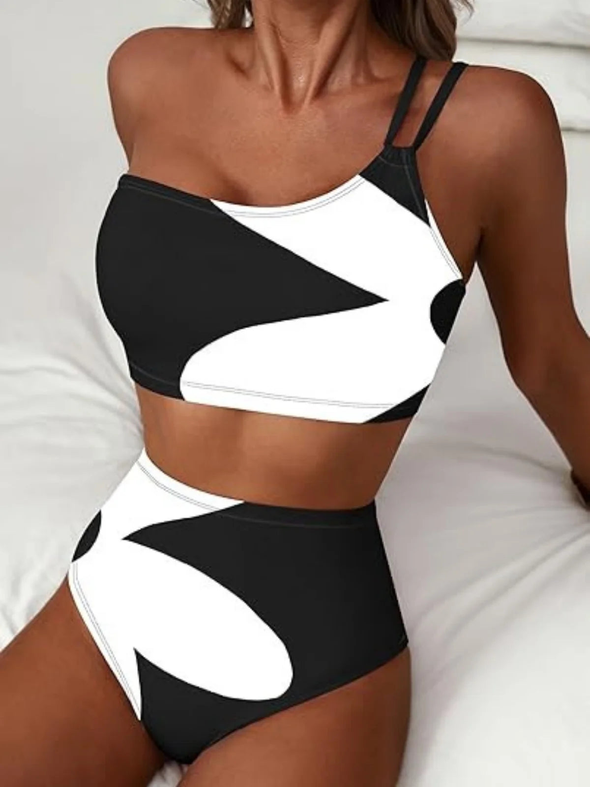 Sexy One Shoulder Swimwear Women 2026 Black White Patchwork Push Up Bra High Waist Swimsuit Beach Bathing Suit Holiday Bikini