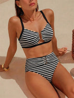 Sexy Black Striped Two Piece Bikini Set Women Metal U Neck Push Up Bra Belt High Waist Swimsuit Beach Bathing Suit Swimwear 2026