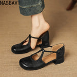 Women's T-Strap Shallow Flat Sandals Soft Leather Rome French Slip-on Single Shoes Retro Round Toe Shoes for Women Summer 32-43