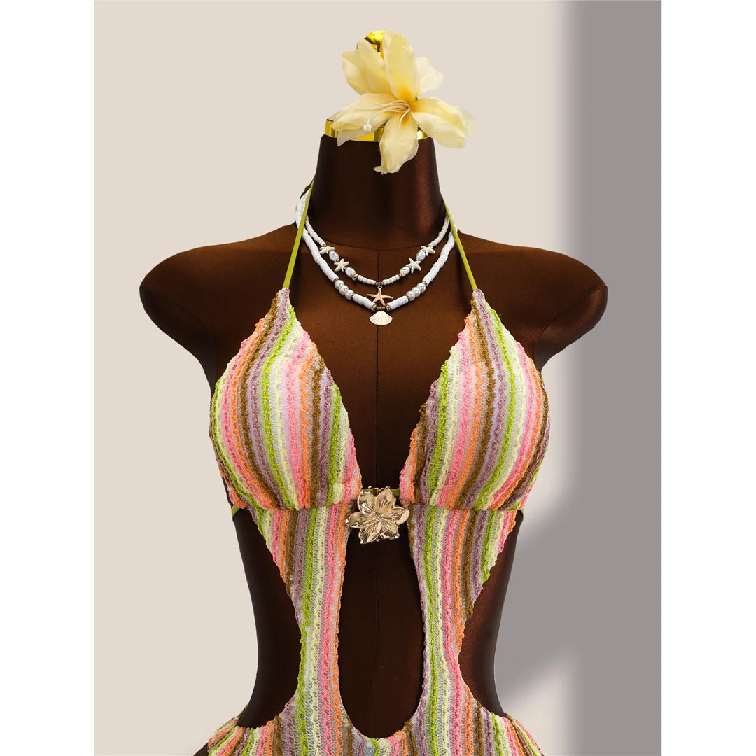 Striped Colorful Halter Cut Out One Piece Swimsuit Women Swimwear Female Monokini High Leg Cut Bather Bathing Suit Swim V8304