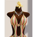 Striped Colorful Halter Cut Out One Piece Swimsuit Women Swimwear Female Monokini High Leg Cut Bather Bathing Suit Swim V8304